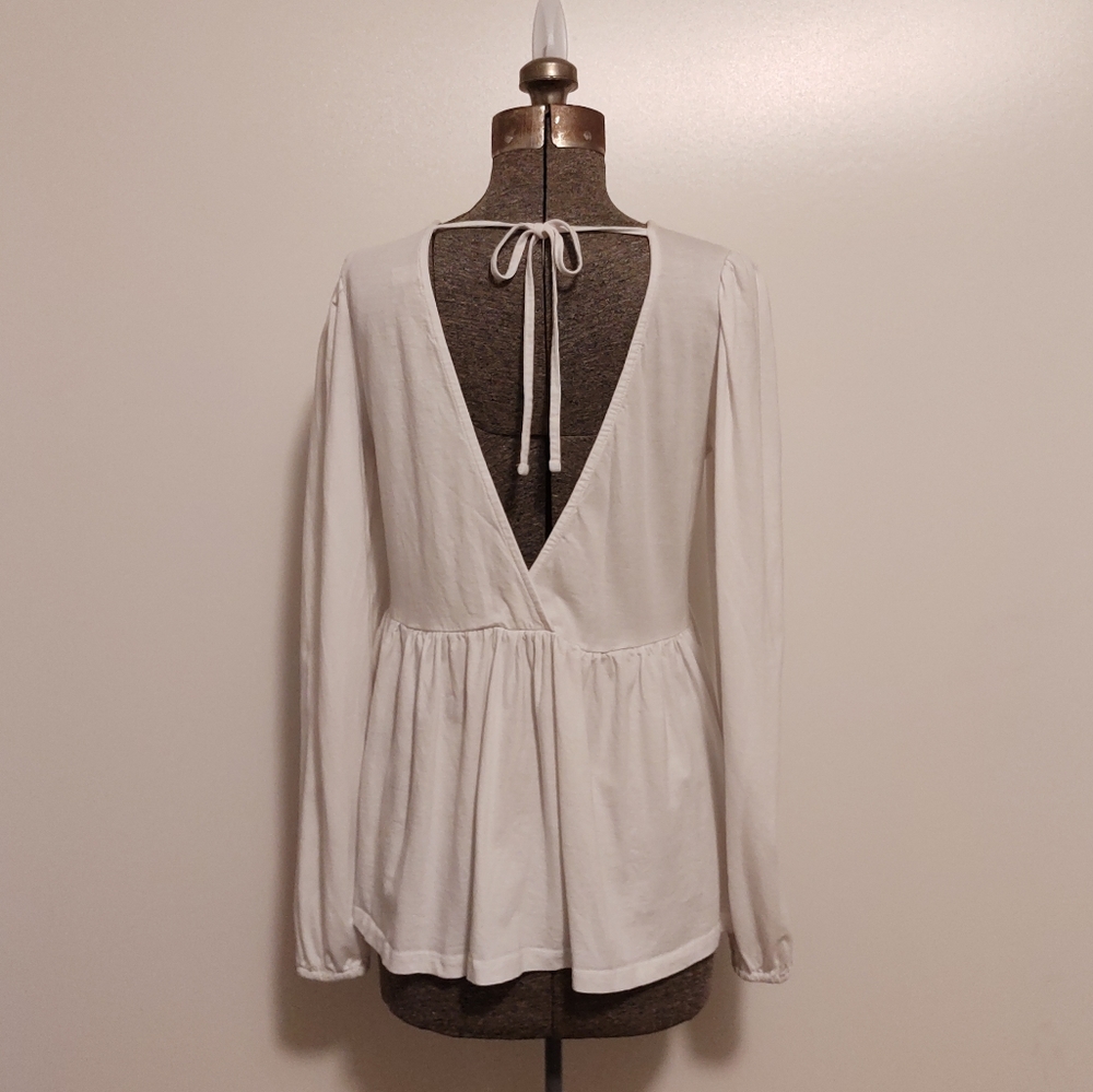 ASOS white long puff sleeve surplice back ruffled flounce peplum tunic top